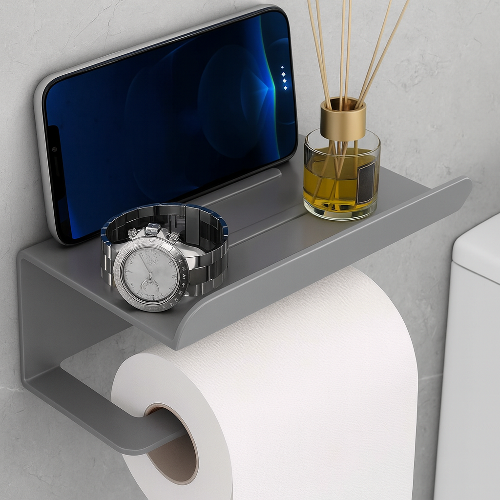 Suporte de papel higiênico com apoio para objetos, Cor: Preto. Foto 2 do produto.