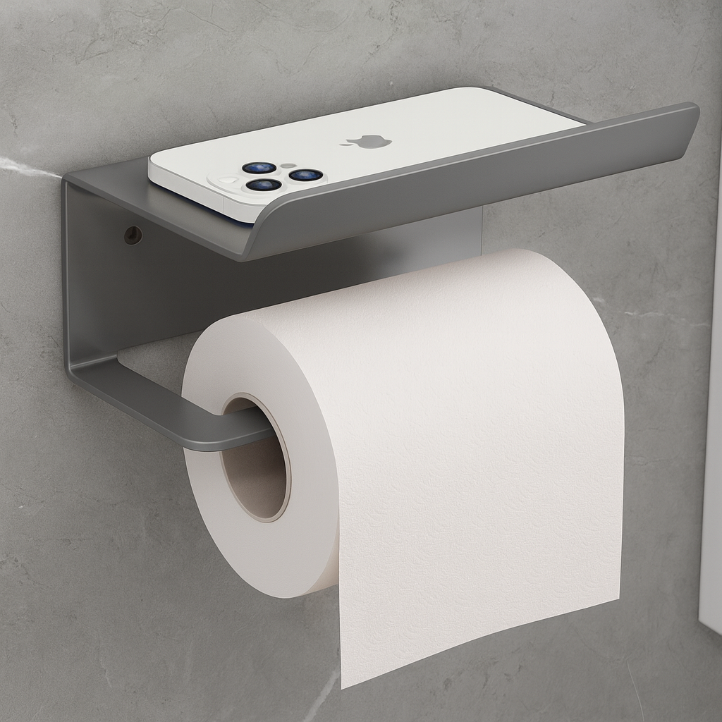 Suporte de papel higiênico com apoio para objetos, Cor: Preto. Foto 3 do produto.