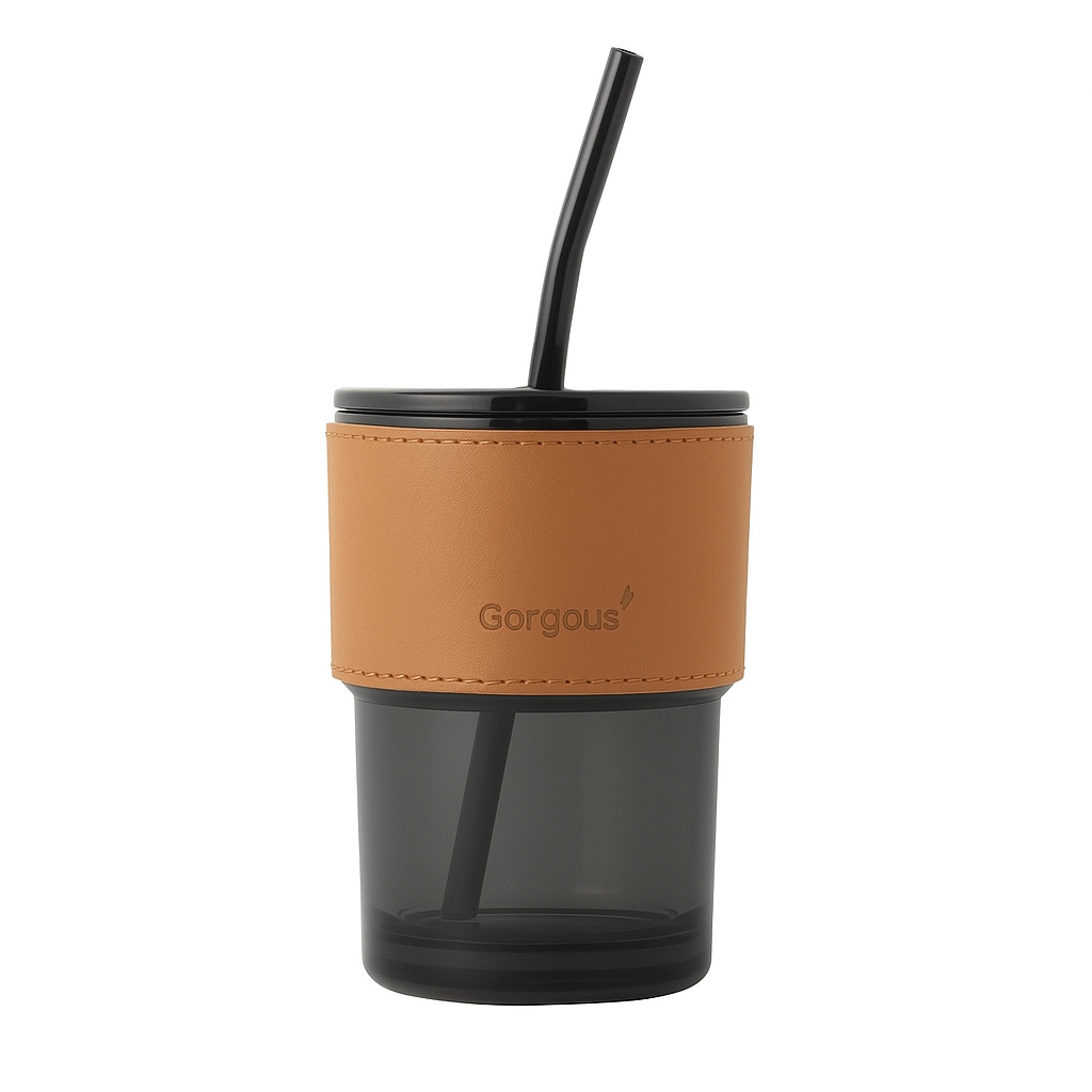 Copo de vidro 450 ml com canudo e tampa, Cor: Preto fume. Foto 1 do produto.