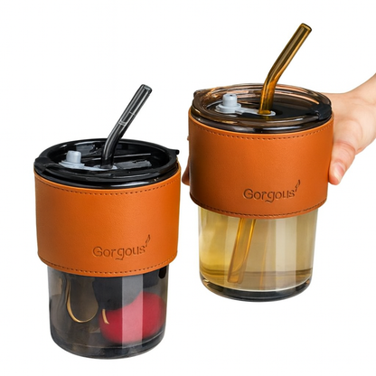 Copo de vidro 450 ml com canudo e tampa, Cor: Preto fume. Foto 2 do produto.