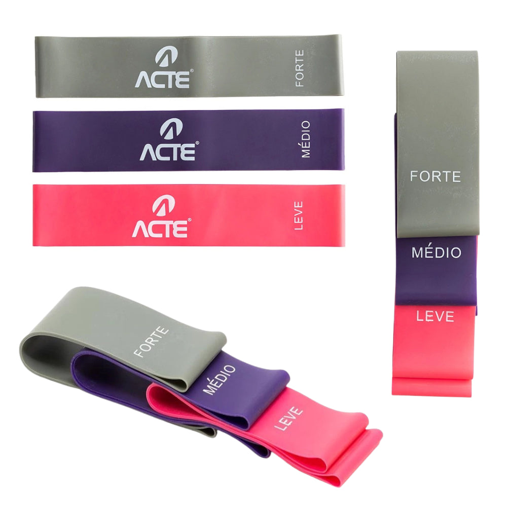 Kit com 3 mini bands Acte T71-R nas cores cinza, roxa e rosa — vista 2