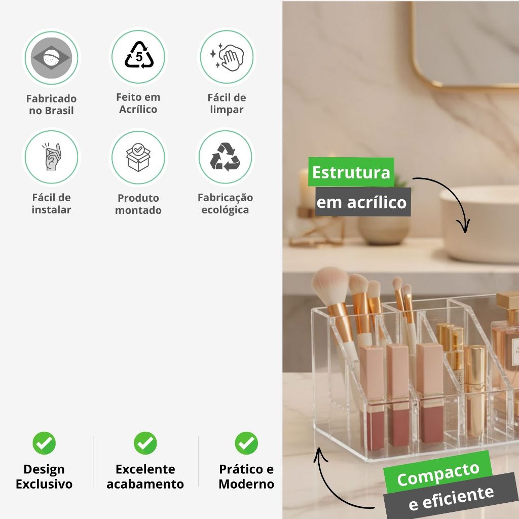 Organizador transparente de maquiagem com compartimentos para cosméticos, pincéis e acessórios de beleza — vista 2