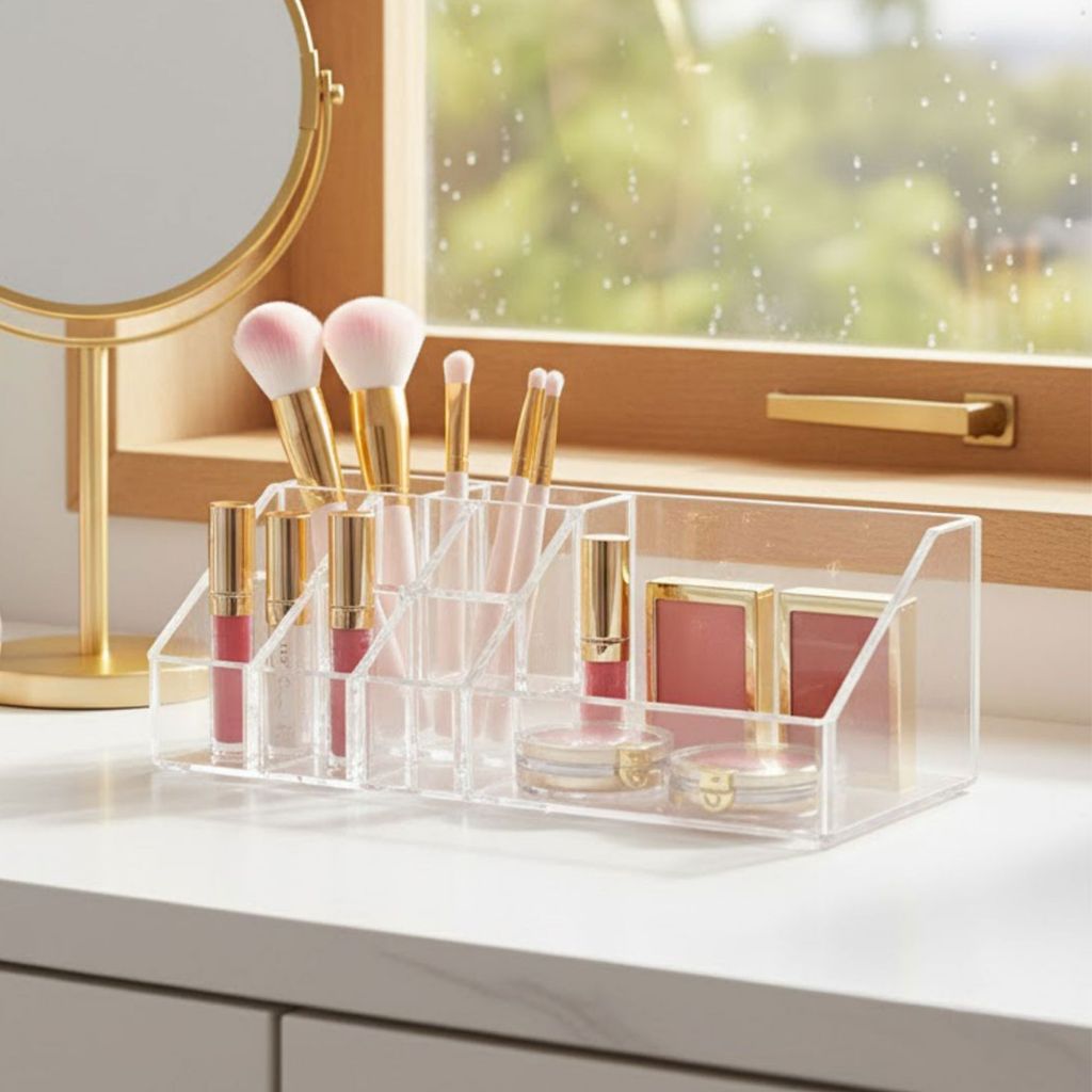 Organizador transparente de maquiagem com compartimentos para cosméticos, pincéis e acessórios de beleza