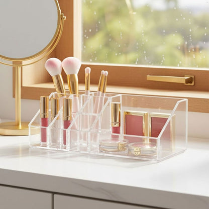 Organizador transparente de maquiagem com compartimentos para cosméticos, pincéis e acessórios de beleza