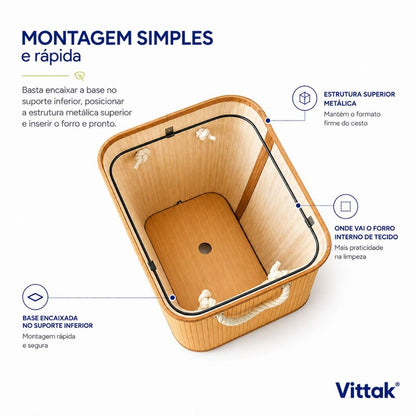 Cesto de roupa Vittak 70 L retangular, na cor bambu natural, com tampa — vista 5