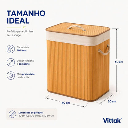 Cesto de roupa Vittak 70 L retangular, na cor bambu natural, com tampa — vista 4