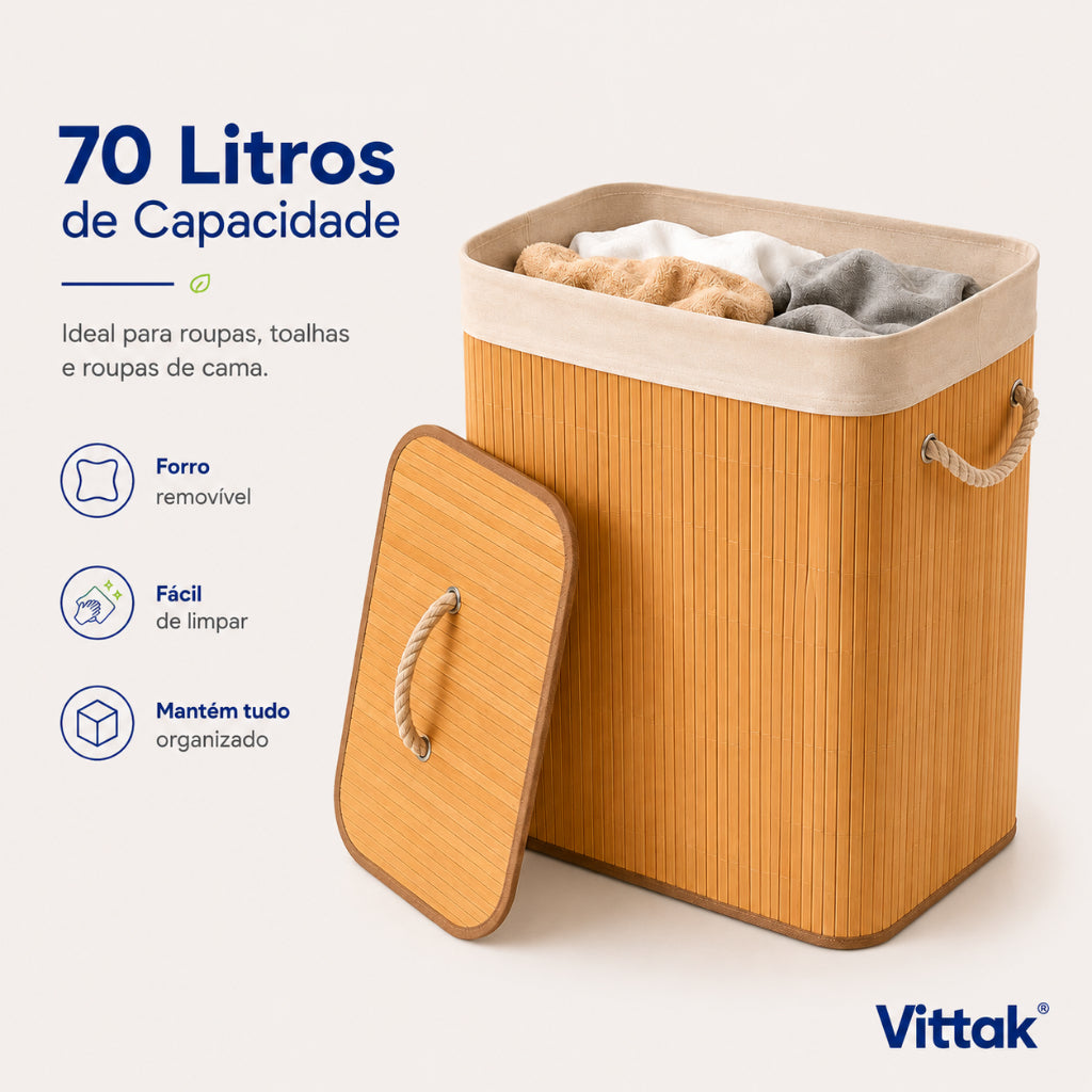 Cesto de roupa Vittak 70 L retangular, na cor bambu natural, com tampa — vista 3