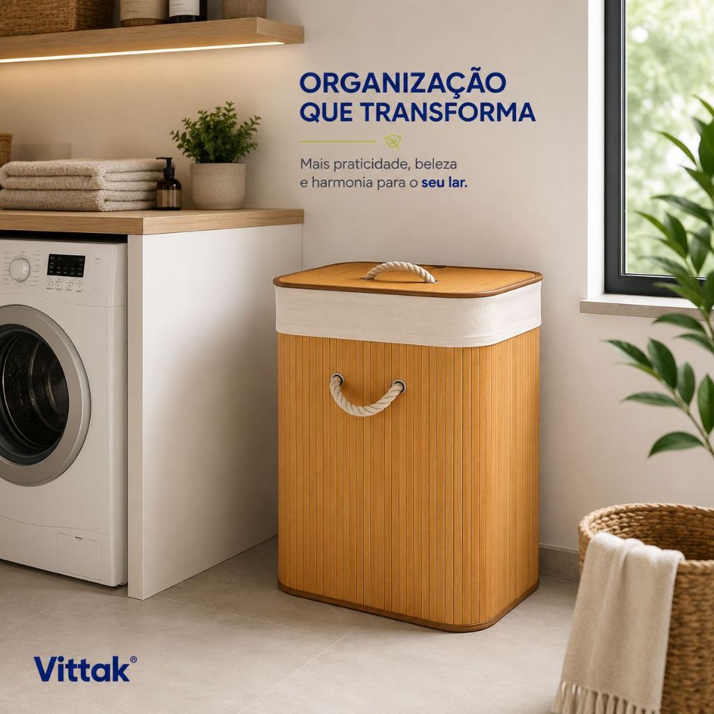 Cesto de roupa Vittak 70 L retangular, na cor bambu natural, com tampa