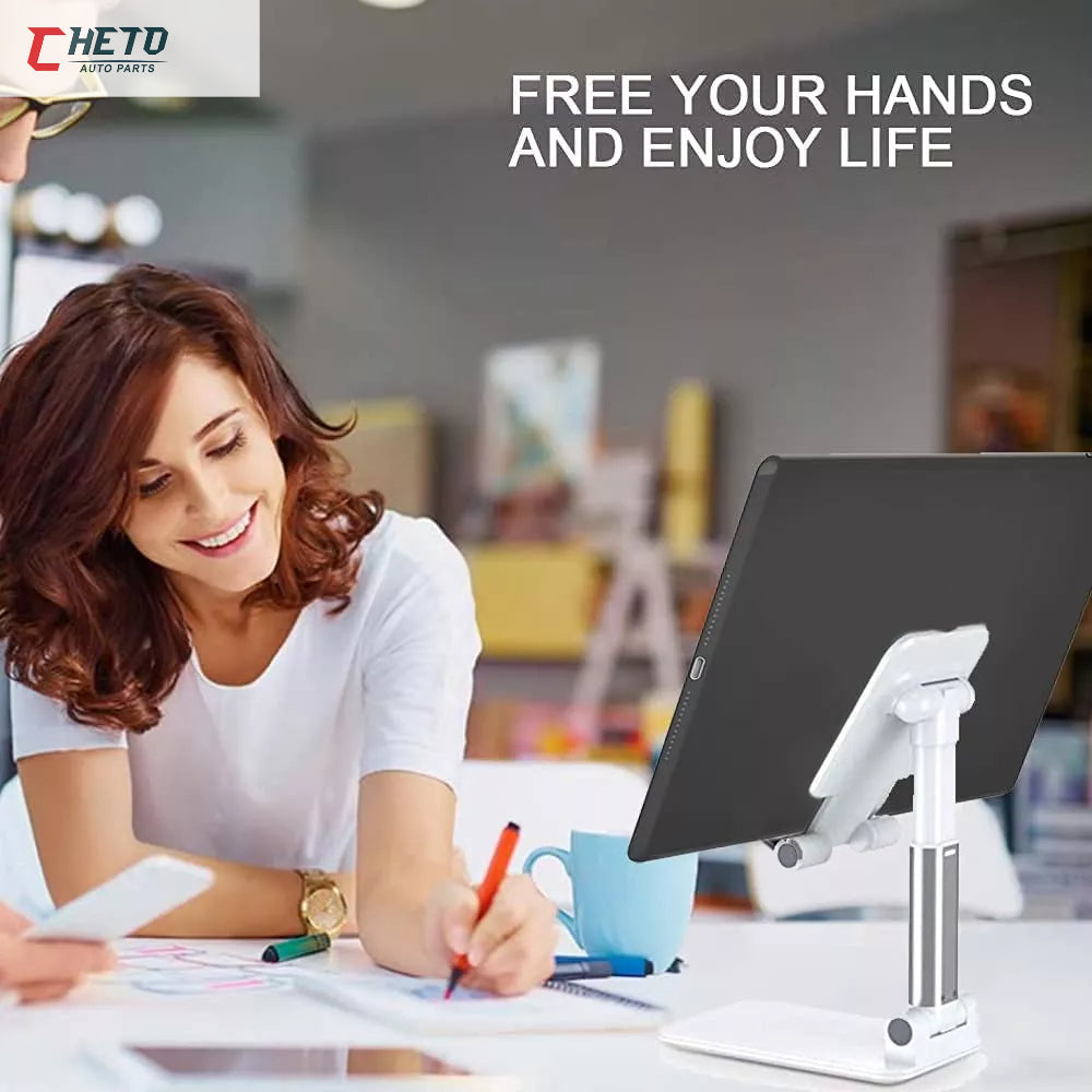 Suporte branco/cinza dobrável e ajustável para celular e tablet, para apoio sobre a mesa — vista 4