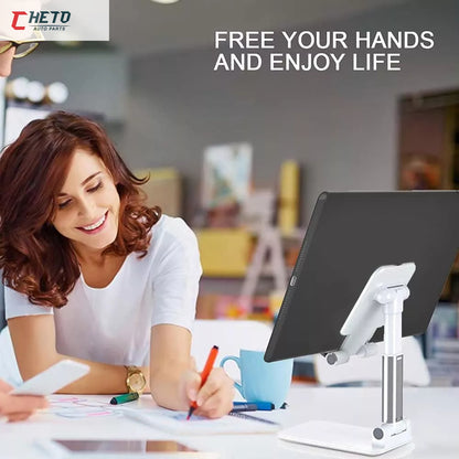 Suporte branco/cinza dobrável e ajustável para celular e tablet, para apoio sobre a mesa — vista 4