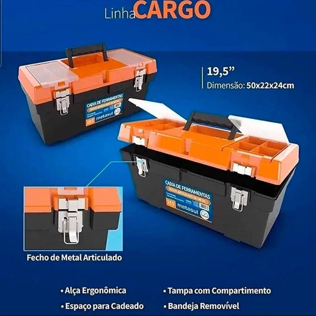 Caixa de ferramentas Metasul Cargo 19,5 pol. preta e laranja, em formato de baú com bandeja — vista 4
