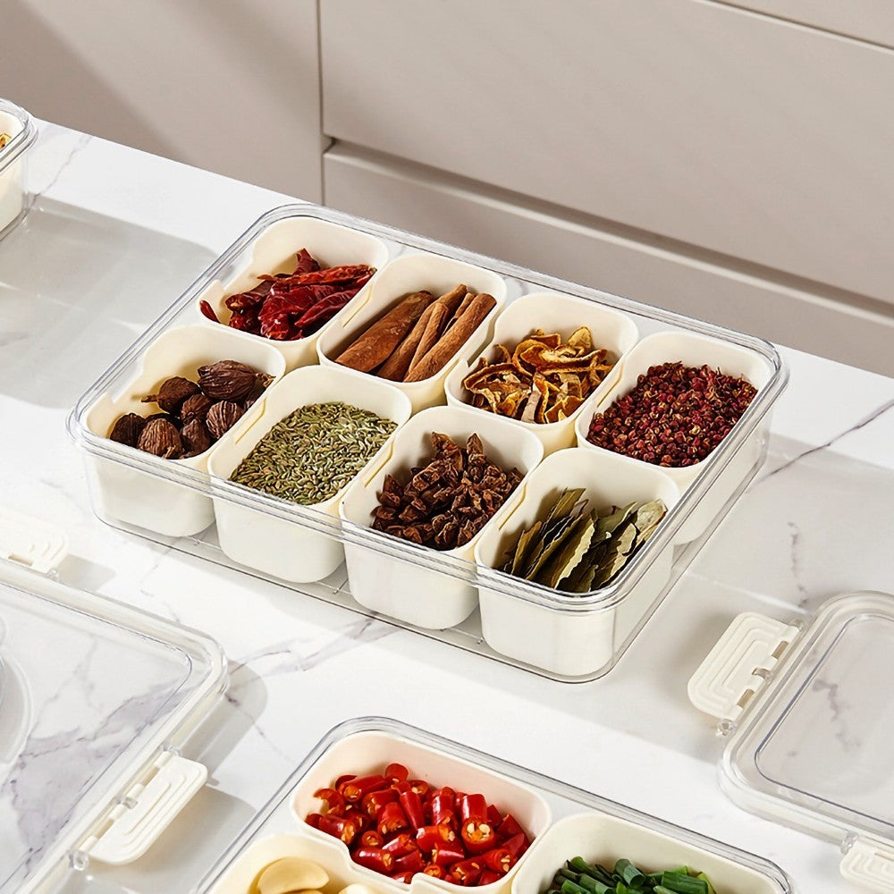 Organizador de geladeira transparente, hermético e multiuso, com 8 divisórias para alimentos e verduras — vista 5